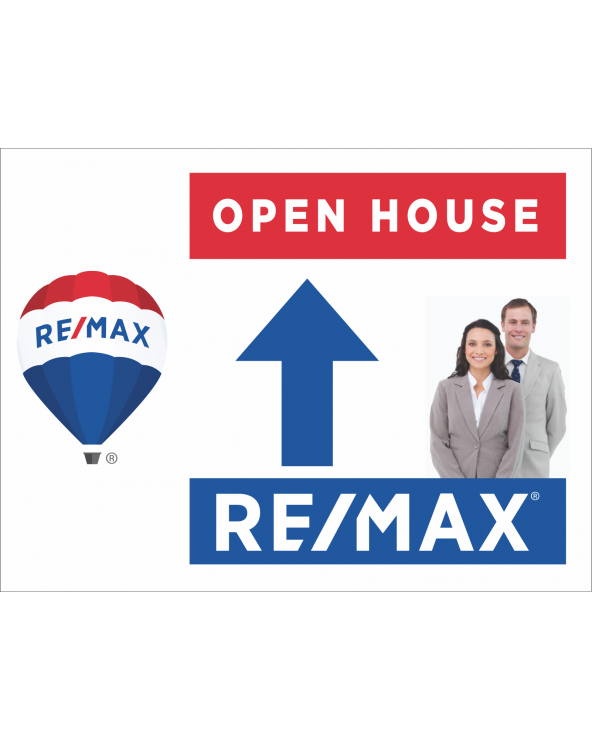 24Wx18H Horizontal Yard Sign Directional with Clipped Photo Remax Open House Top